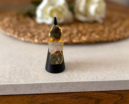 Earthbound Elegance Trio Stone Rings – Textured 18K Gold-Plated Brass Setting..