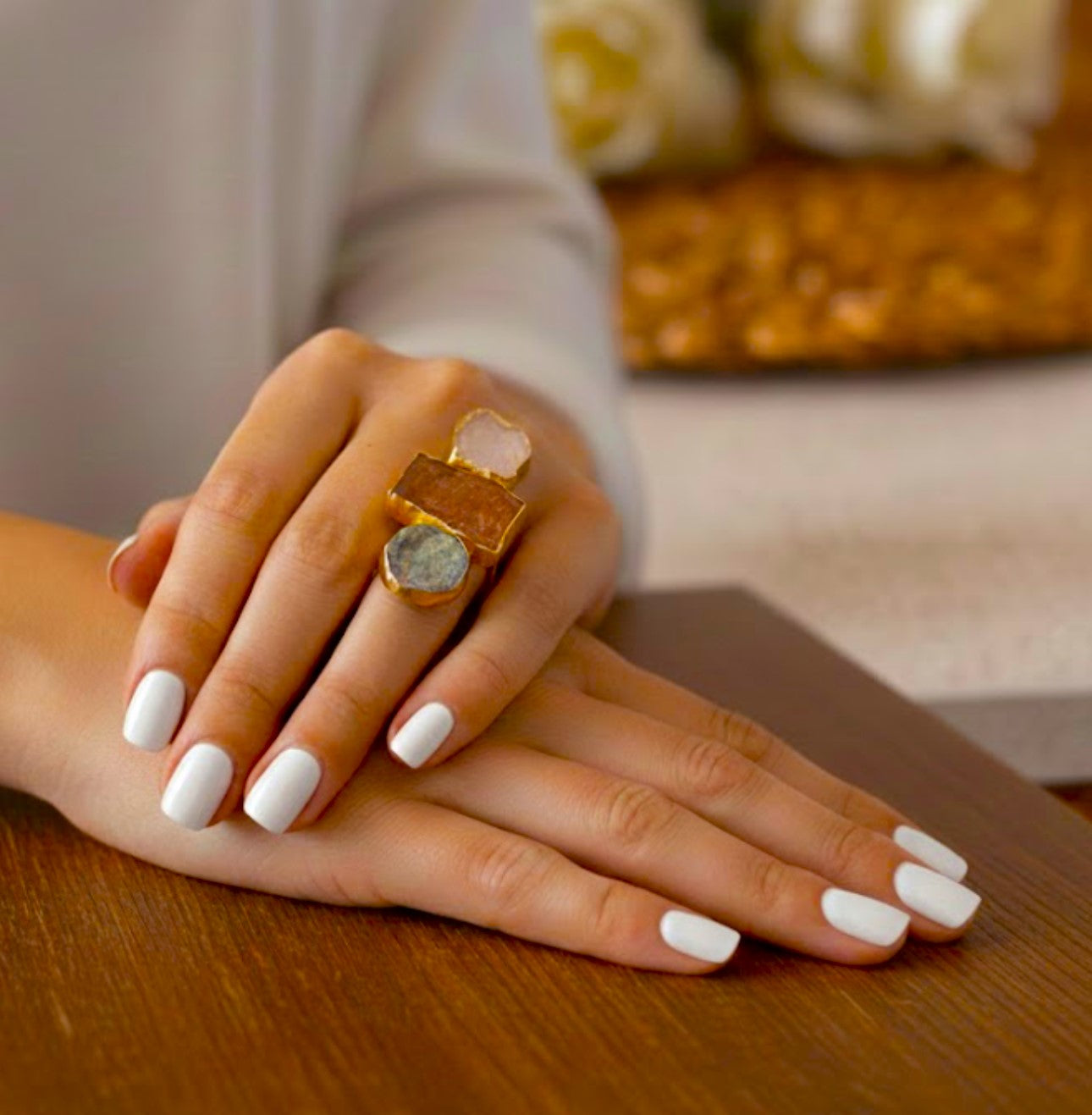 Earthbound Elegance Trio Stone Rings – Textured 18K Gold-Plated Brass Setting..