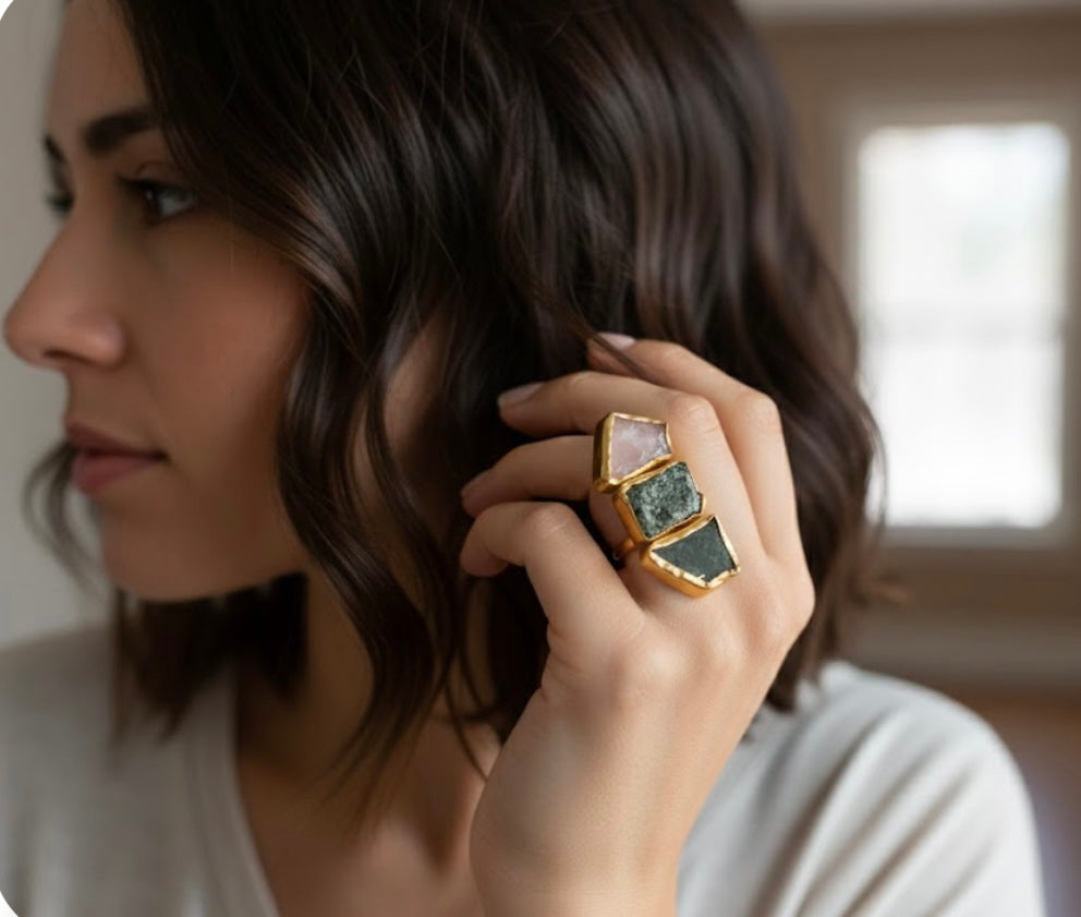 Earthbound Elegance Trio Stone Rings – Textured 18K Gold-Plated Brass Setting..