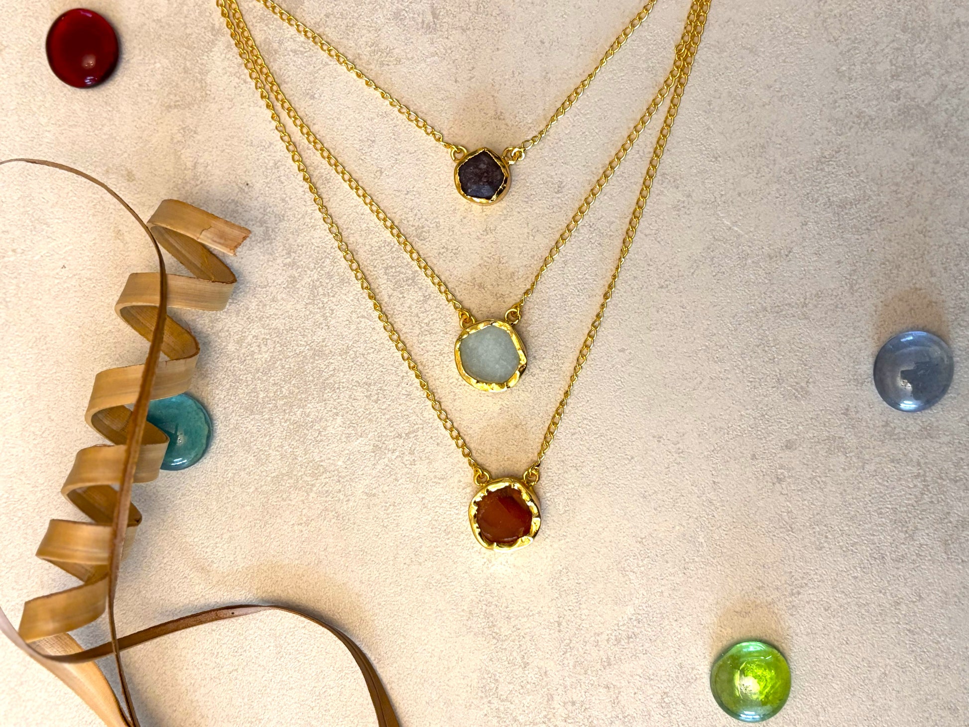 Handcrafted 18K Gold-Plated Raw Gemstone Layered Necklace – Multiple Stone Necklace..