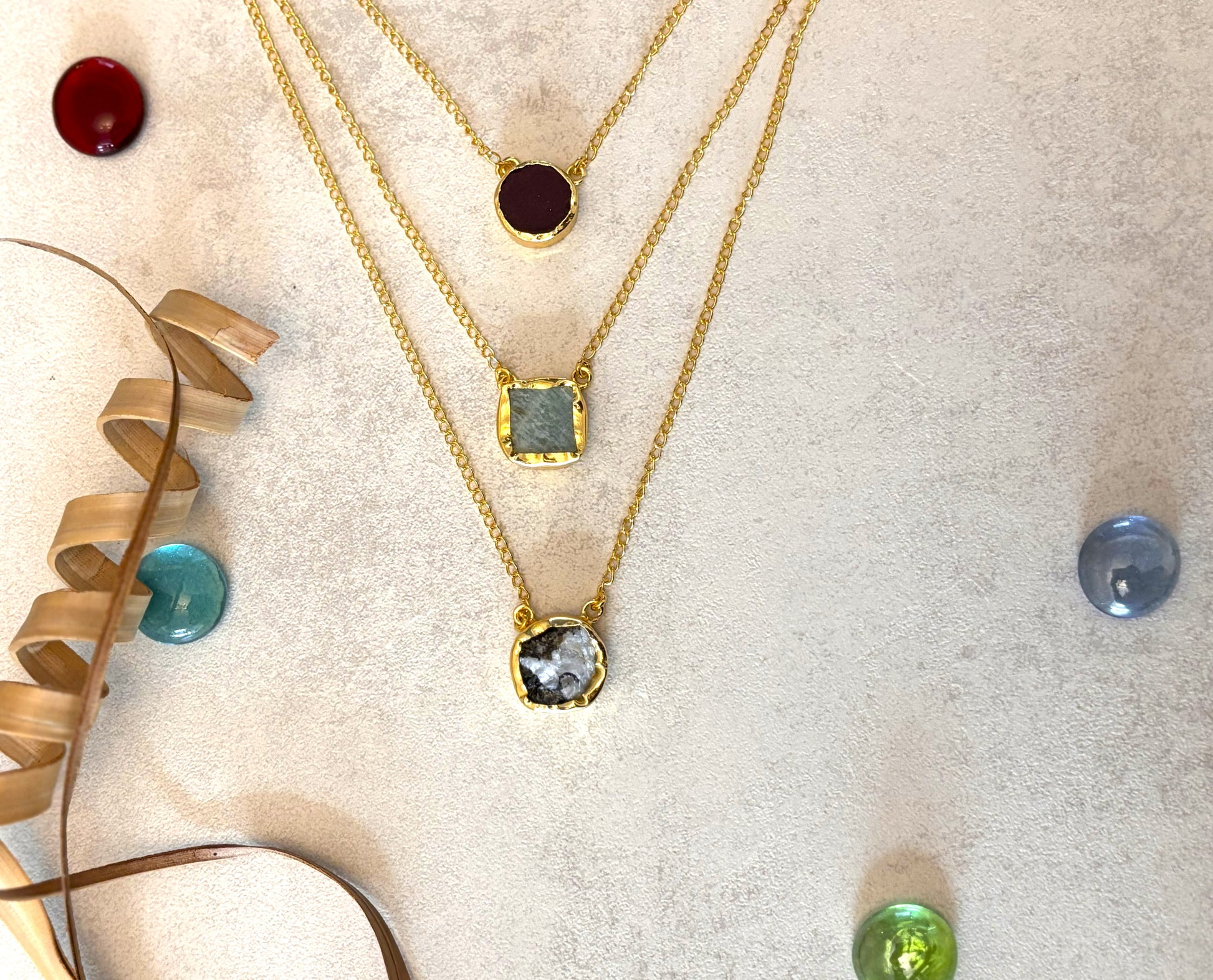 Handcrafted 18K Gold-Plated Raw Gemstone Layered Necklace – Multiple Stone Necklace..