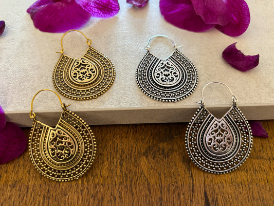 Bohemian Filigree Hoop Earrings in Gold & Silver Finish – Ethnic Statement Earrings.