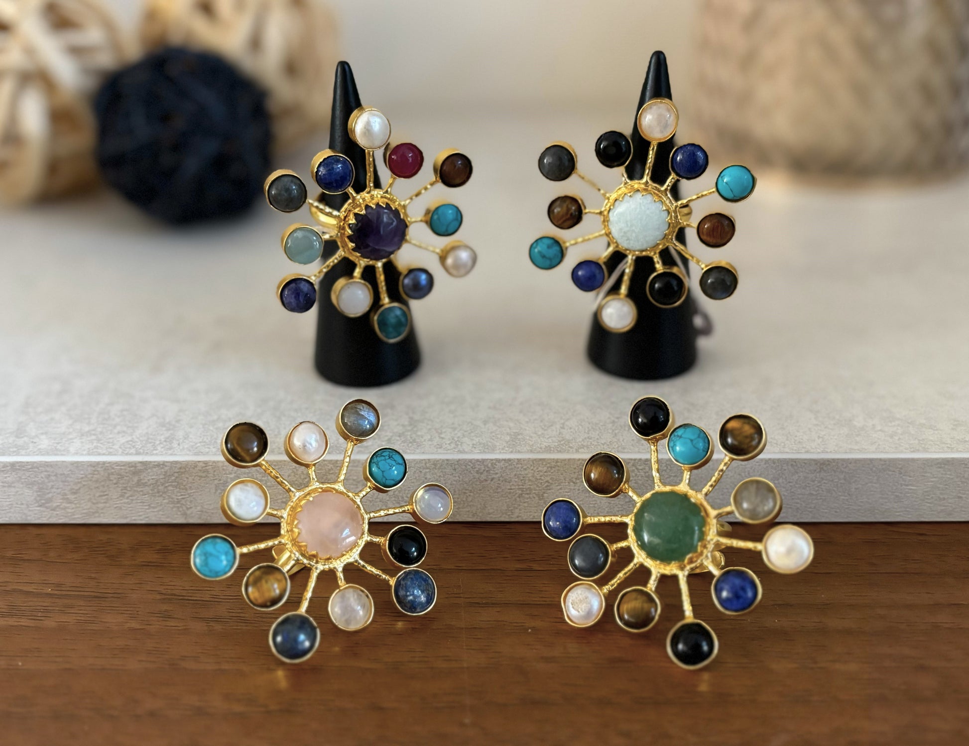 Multi-Stone Sunburst Adjustable Ring – Natural Gemstone Statement Ring.