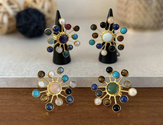 Multi-Stone Sunburst Adjustable Ring – Natural Gemstone Statement Ring.