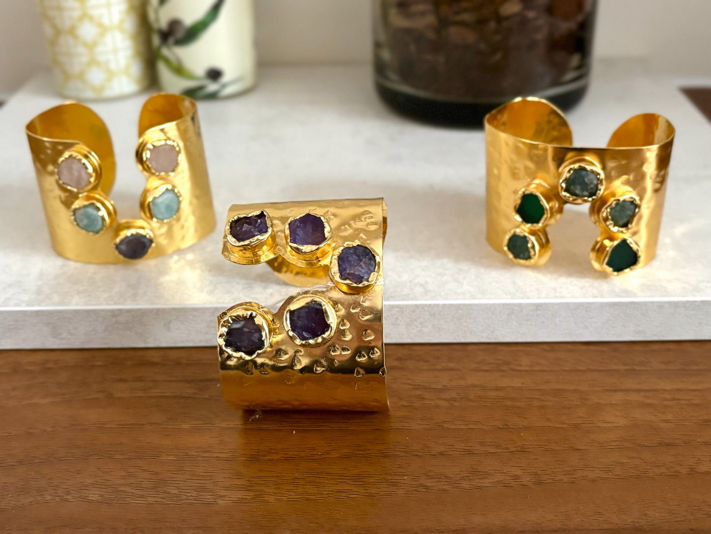 Handcrafted Gold-Plated Gemstone Adjustable Cuff Bracelet with Natural Stones.