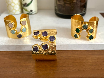 Handcrafted Gold-Plated Gemstone Adjustable Cuff Bracelet with Natural Stones.
