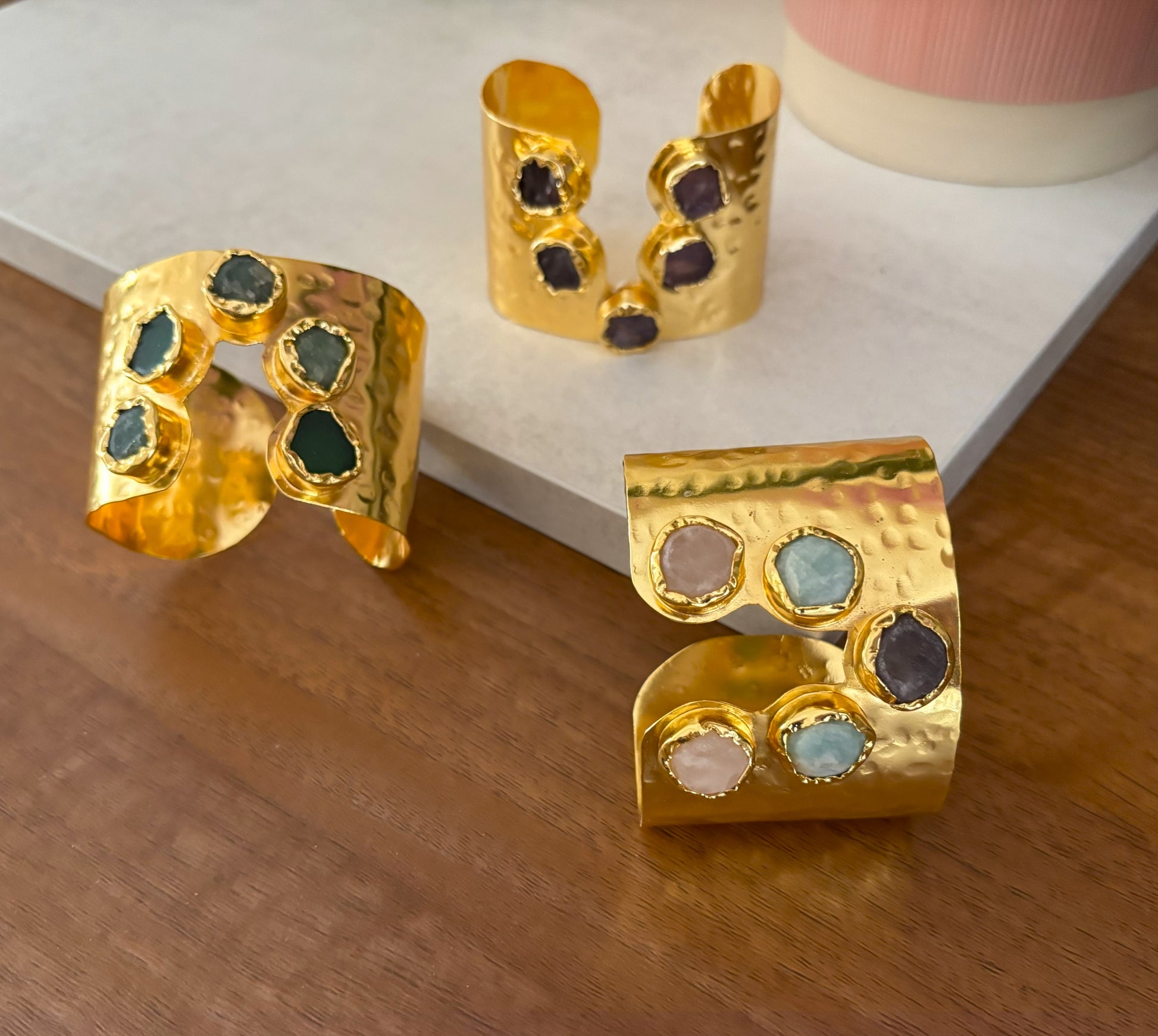 Handcrafted Gold-Plated Gemstone Adjustable Cuff Bracelet with Natural Stones.