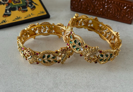 Handcrafted Matte Gold Polished Openable Peacock Kada Bangles