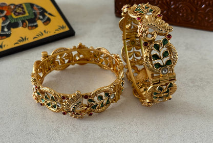 Handcrafted Matte Gold Polished Openable Peacock Kada Bangles