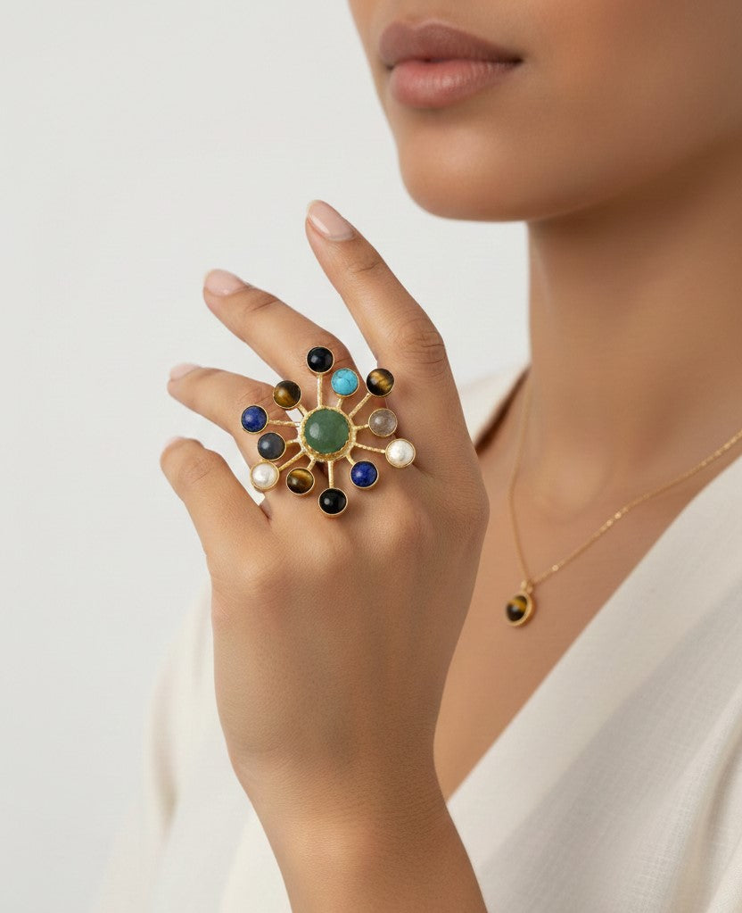 Multi-Stone Sunburst Adjustable Ring – Natural Gemstone Statement Ring.