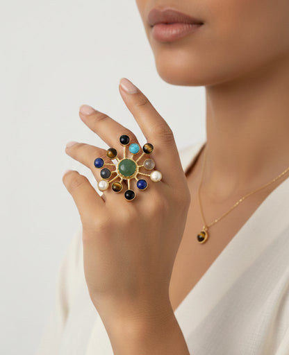 Multi-Stone Sunburst Adjustable Ring – Natural Gemstone Statement Ring.