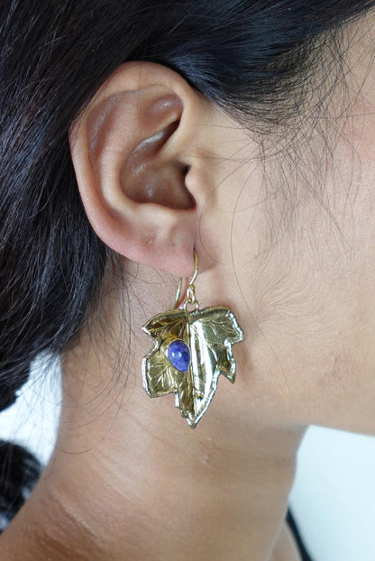 Brass Leaf Dangle Earrings - Nature-Inspired Brass Leaves with Blue Lapis/Labradorite Accents.