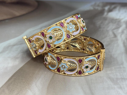 Pastel Floral Arch Kada - Unique pastel-toned openable kada with floral enamel work and teardrop rubies in oval layout..
