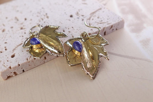 Brass Leaf Dangle Earrings - Nature-Inspired Brass Leaves with Blue Lapis/Labradorite Accents.