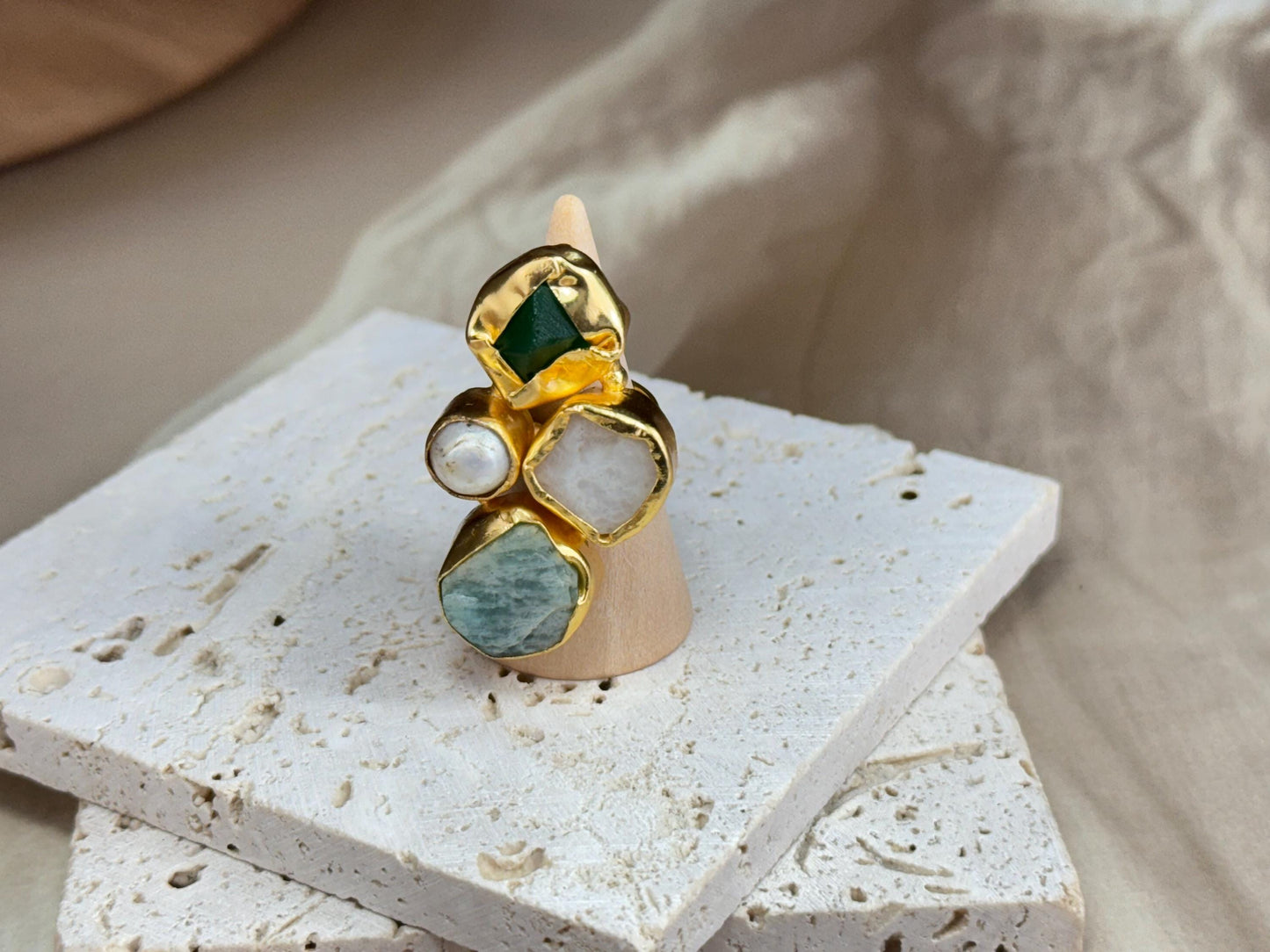 Bold Harmony Natural Stone Cluster Rings – Handcrafted  18k Gold-Plated Statement Jewellery.