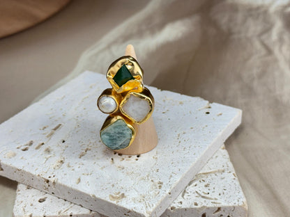 Bold Harmony Natural Stone Cluster Rings – Handcrafted  18k Gold-Plated Statement Jewellery.