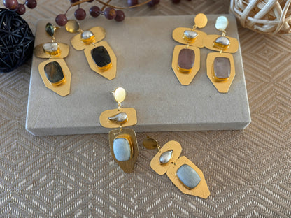 Geometric Drop Earrings – 18K Gold-Plated Brass with Natural Gemstones.