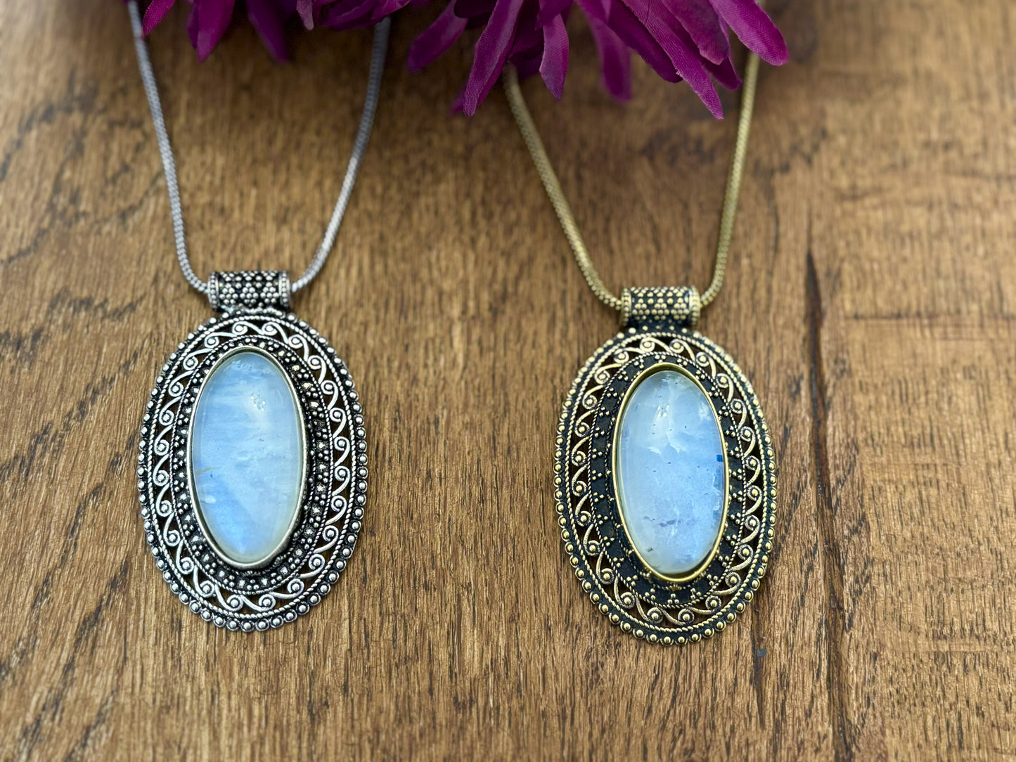 Large Oval Moonstone Pendant Necklace in Vintage Silver & Antique Gold