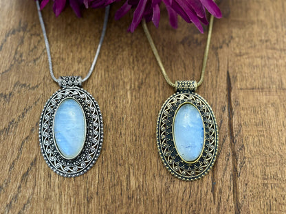 Large Oval Moonstone Pendant Necklace in Vintage Silver & Antique Gold