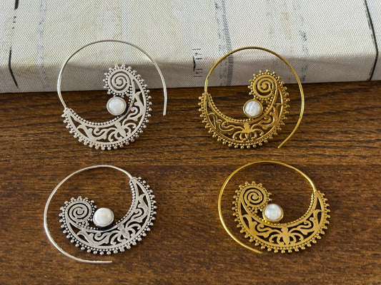 Bohemian Spiral Statement Earrings with Moonstone Accent