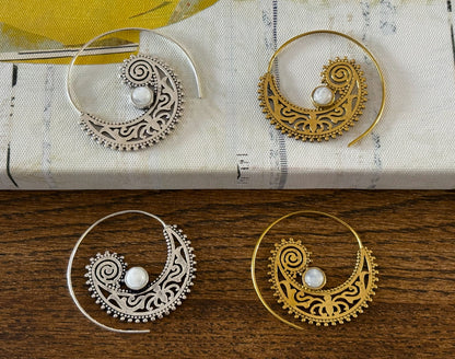 Bohemian Spiral Statement Earrings with Moonstone Accent