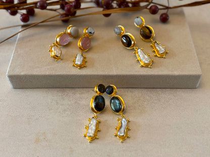 18K Gold-Plated Brass  Drop Earrings with Natural Gemstones.