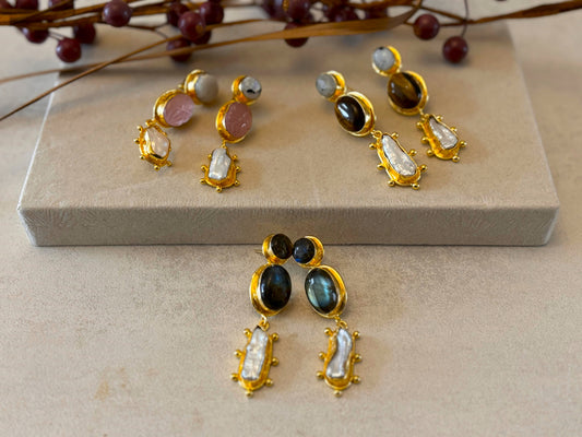 18K Gold-Plated Brass  Drop Earrings with Natural Gemstones.