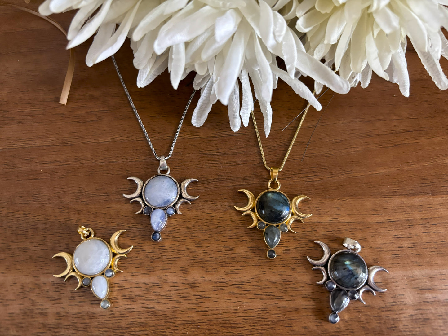 Gold/Sliver Triple Goddess Pendant with Labradorite/Moonstone – Brass Pendant.