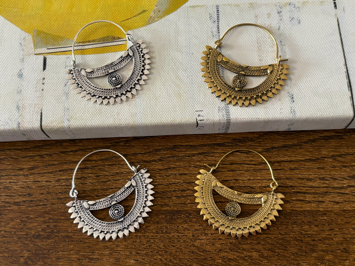 Handcrafted Bohemian Tribal Sunburst Brass Hoop Earrings – Gold & Silver Finish