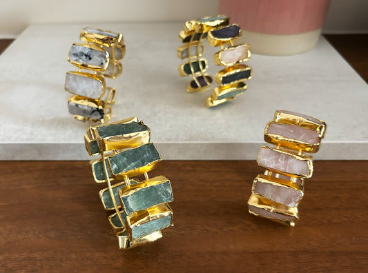 18K Gold Plated Open Cuff Bracelet with Natural Stone Segments.