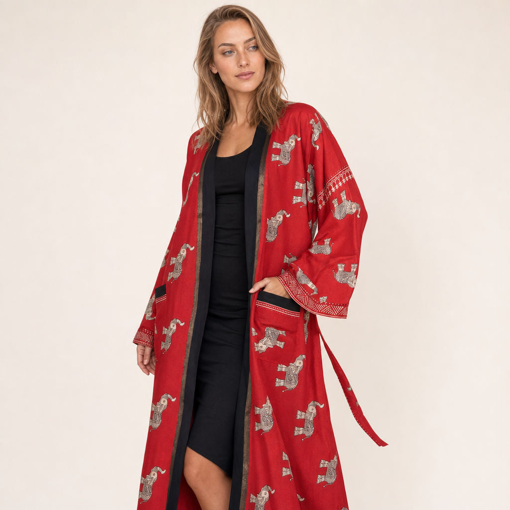 Close-up of decorative pocket trim and elephant print on Elephant Print Cotton Silk Kimono Temple Parade