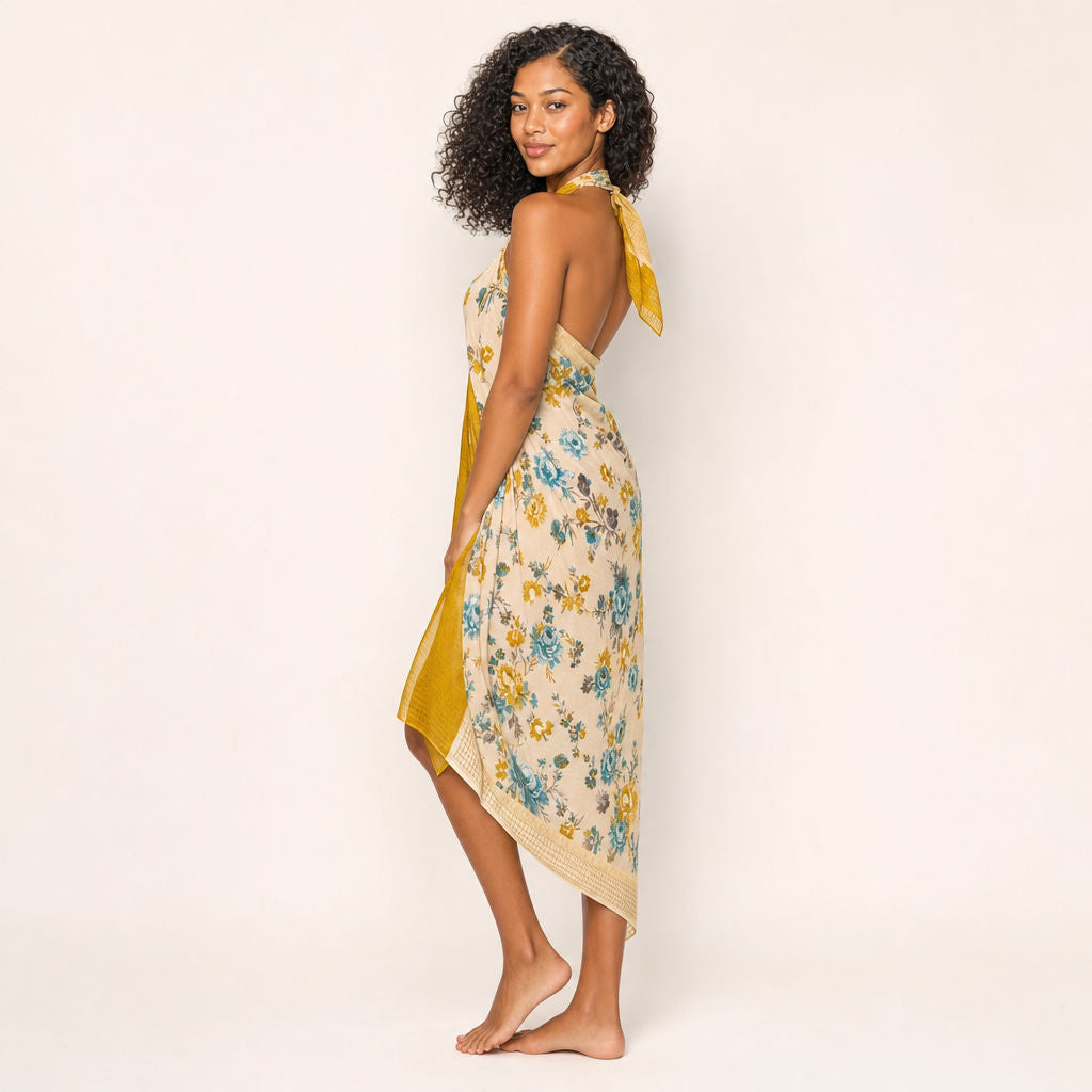 Floral georgette sarong — Marigold Tide, side profile showing the wrap silhouette and hem