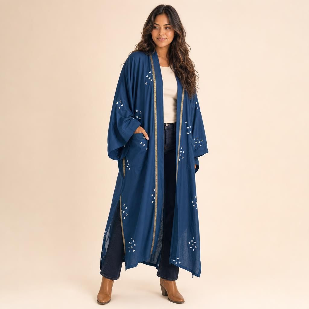 Three-quarter view of Bandhani Kimono Hidden Bloom showing layering depth and panel drape
