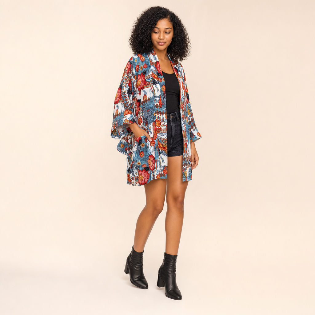 Three-quarter angle of Floral Patchwork Viscose Kimono showing layering and drape