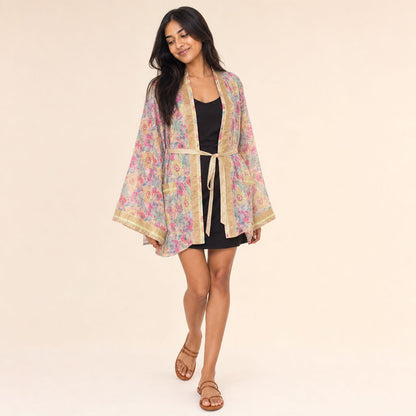Three-quarter view of Watercolour Floral Georgette Kimono showing layering depth and panel drape