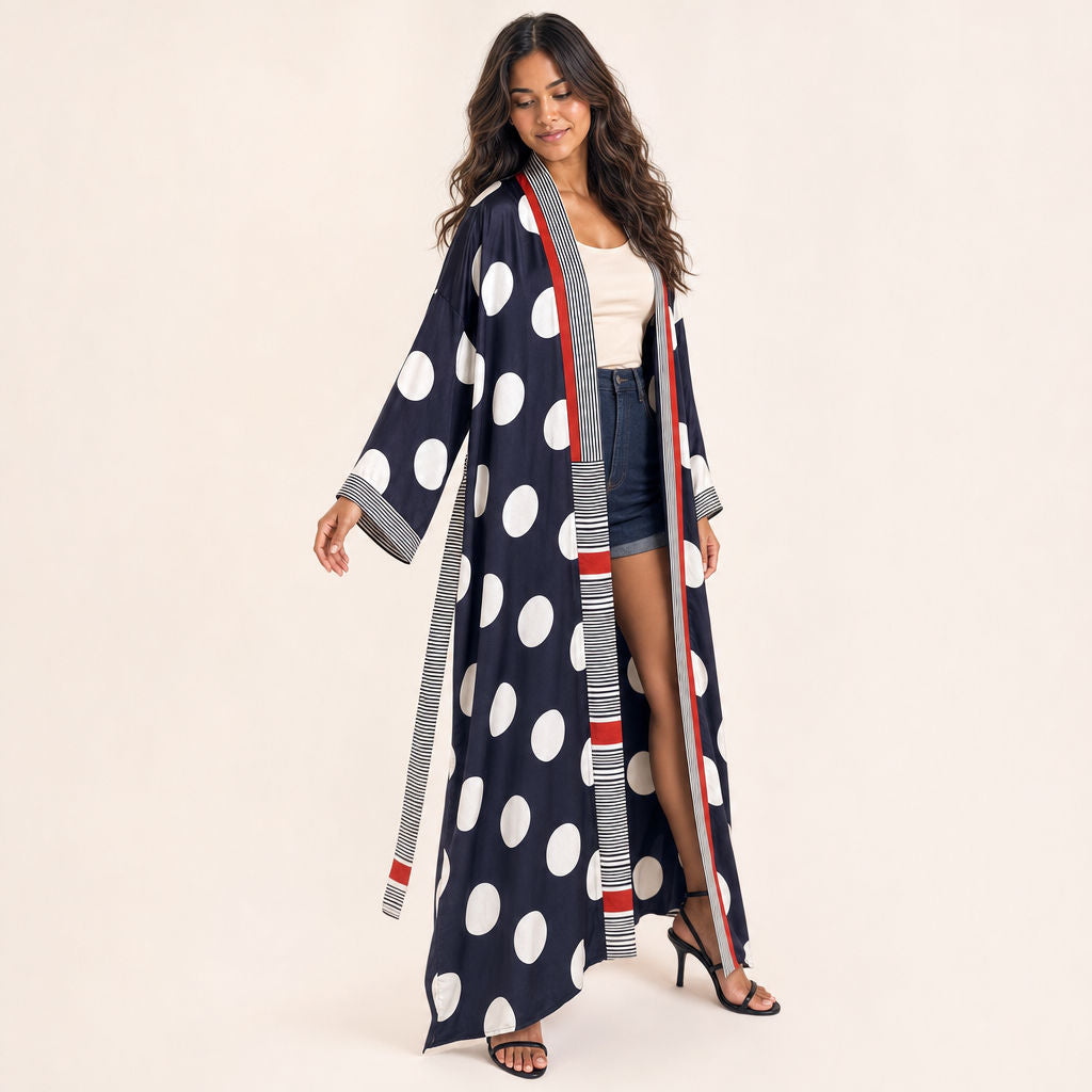 Three-quarter view of Polka Dot Satin Kimono showing layering depth and side panel drape