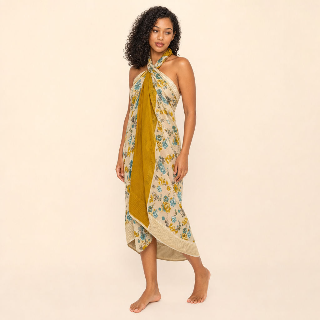 Floral georgette sarong — Marigold Tide, three-quarter view showing the wrap drape