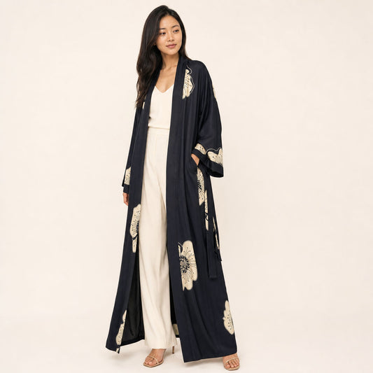 Floral Viscose Kimono Midnight Bloom three-quarter view showing panel layering and drape