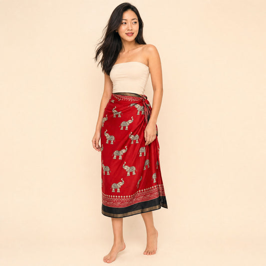 Elephant print Scarlet Tide sarong, three-quarter view showing the hip knot and drape