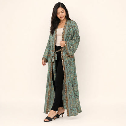 Metallic Floral Viscose Kimono Gilded Garden — three-quarter view showing layered drape