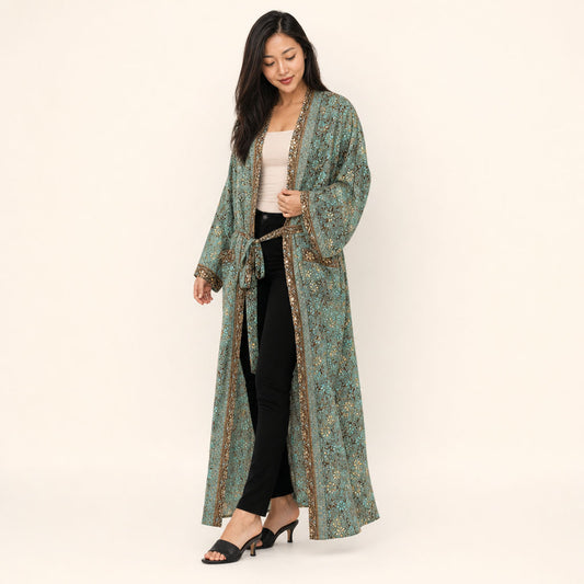 Metallic Floral Viscose Kimono Gilded Garden — three-quarter view showing layered drape