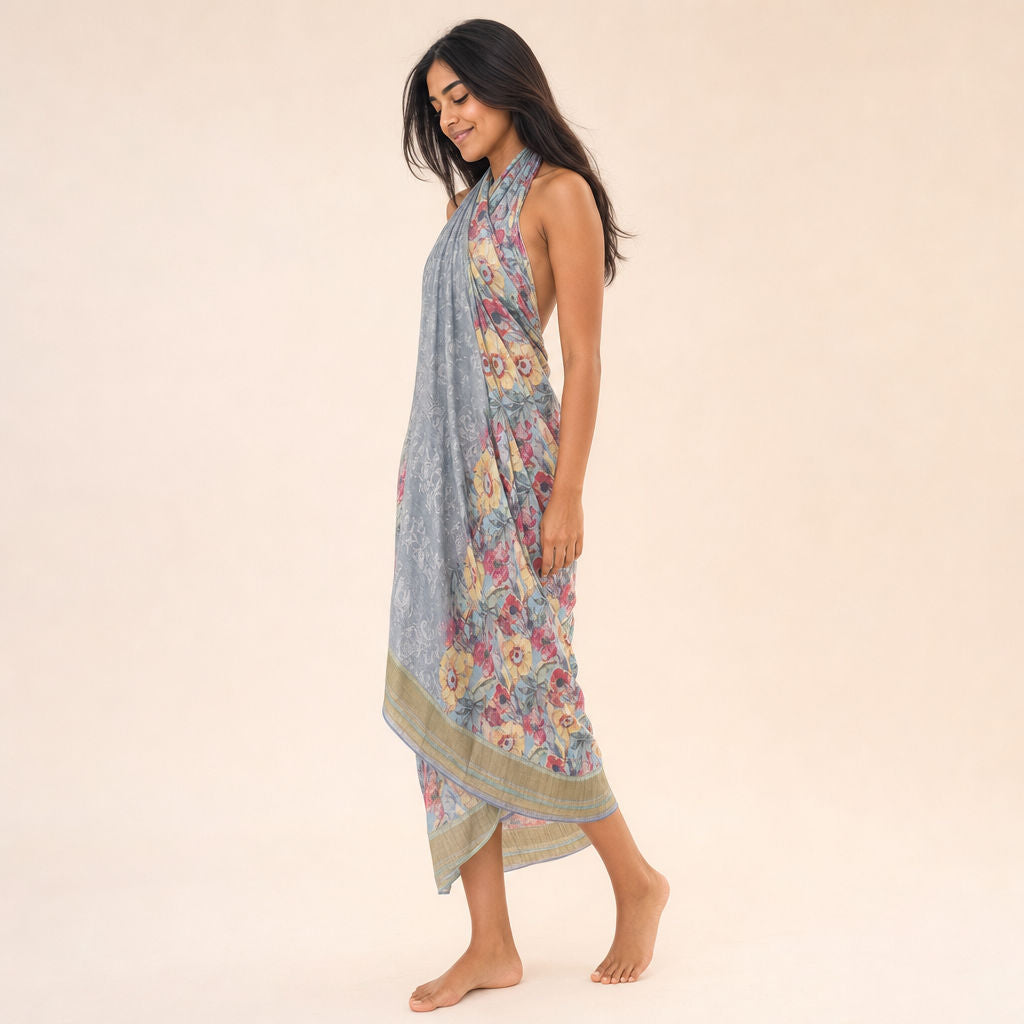 Side profile of Watercolour Floral Sarong Aegean Bloom halter dress silhouette