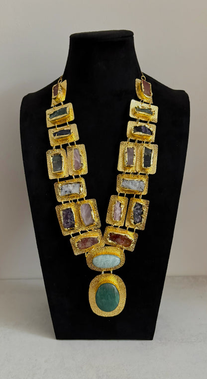 Boho Mantra Luxe Multi-Gemstone Statement Necklace – 18K Gold Plated