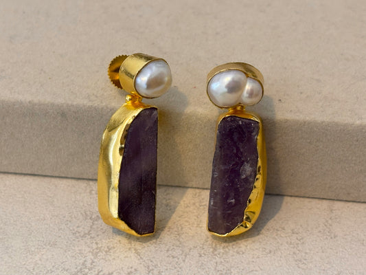 Gold-Plated Drop Earrings with Freshwater Pearl & Raw Stone Statement Earrings.