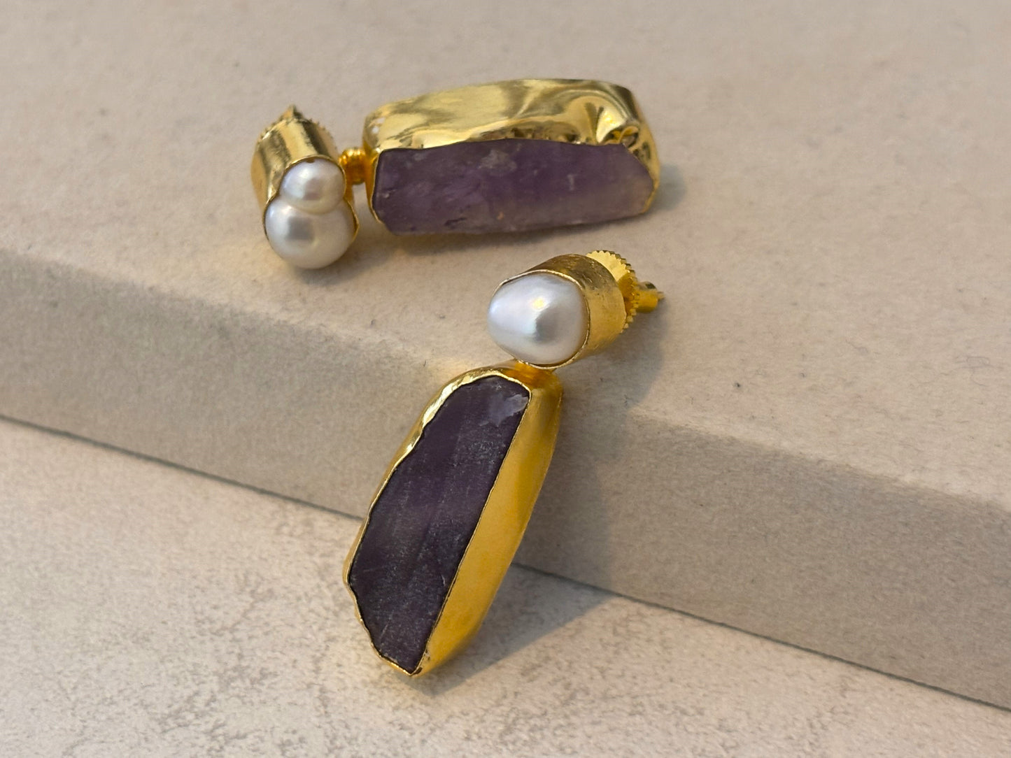 Gold-Plated Drop Earrings with Freshwater Pearl & Raw Stone Statement Earrings.