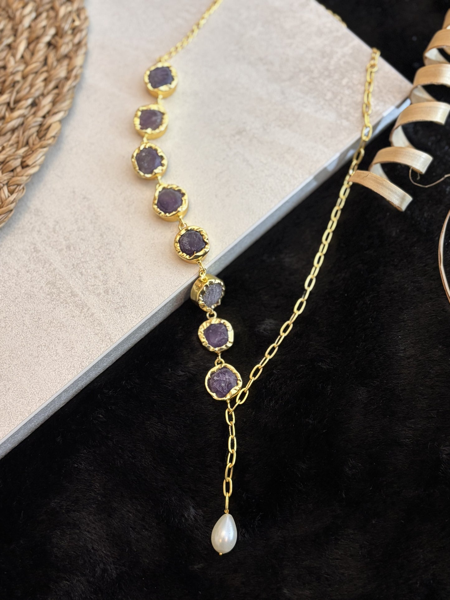 Handcrafted 18K Gold-Plated Asymmetrical Necklace Featuring Raw-Cut Gemstones with Teardrop Pendant – Bohemian Luxe Statement Jewellery.