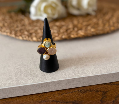 Bold Harmony Natural Stone Cluster Rings – Handcrafted  18k Gold-Plated Statement Ring.