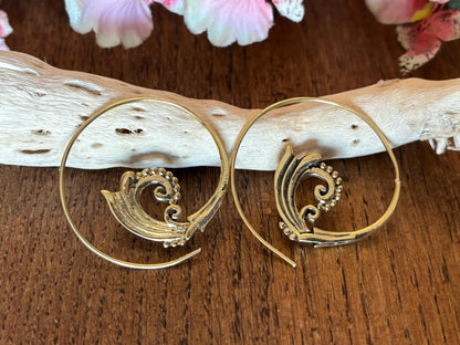 Boho Spiral Shell Hoops - Swirl-Pattern Brass Earrings with Ethnic Touch..