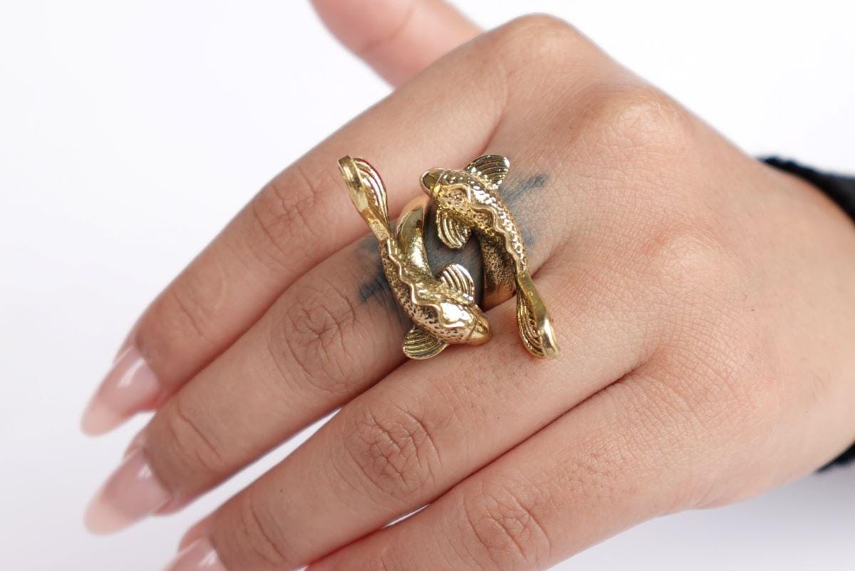 Twin Koi Fish Adjustable Ring – Brass Art Jewelry Inspired by Nature..