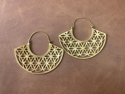 Geometric Petal Hoops – Brass Cutwork Mandala Earrings.